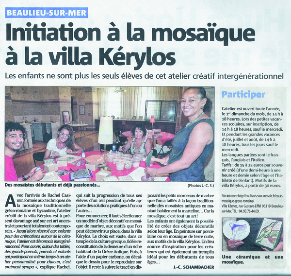 Article sur l'atelier mosaique à la Villa Kerylos par Nice-matin, 28 juillet 2014